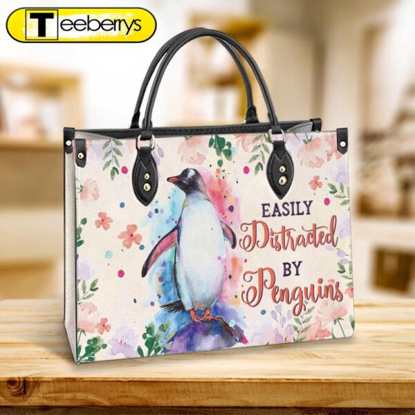 Penguin Watercolor Easily Distracted By Penguins Leather Bag – Best Gifts For Penguin Lovers