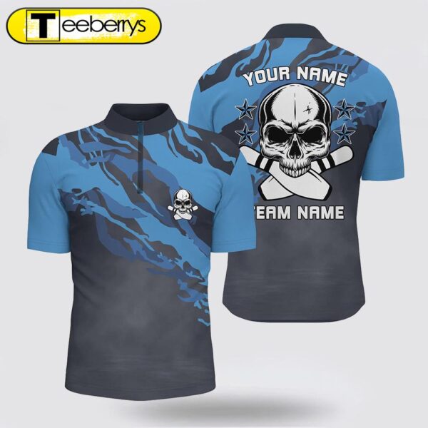 Personalized Blue Camo Skull Bowling Bowling Jersey Shirt  Custom Team Name Men Bowler Jersey