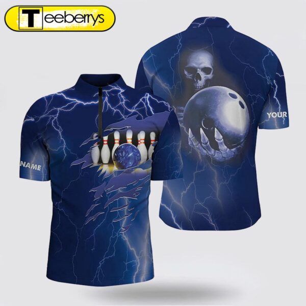 Personalized Bowling Bowling Jersey Shirt  Blue Lightning Custom Name Team Skull Bowling Jerseys