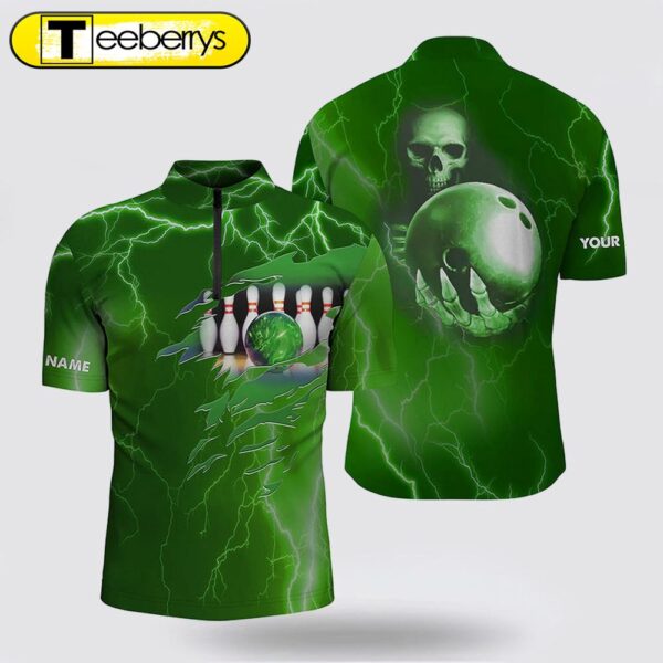 Personalized Bowling Bowling Jersey Shirt  Green Lightning Custom Name Team Skull Bowling Jerseys