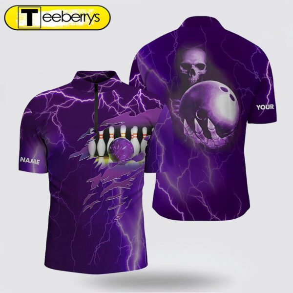 Personalized Bowling Bowling Jersey Shirt  Purple Lightning Custom Name Team Skull Bowling Jerseys