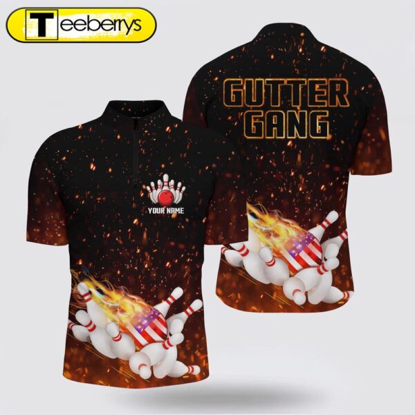 Personalized Flame American Flag Bowling Bowling Jersey Shirt  Custom Gutter Gang Bowling Shirts