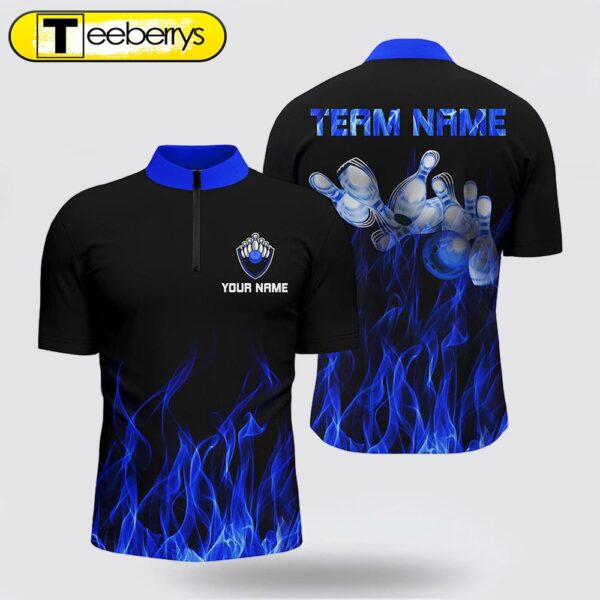 Personalized Men Bowling Jersey Shirt Blue Flame Bowling Ball And Pins Bowling Jerseys For Bowler