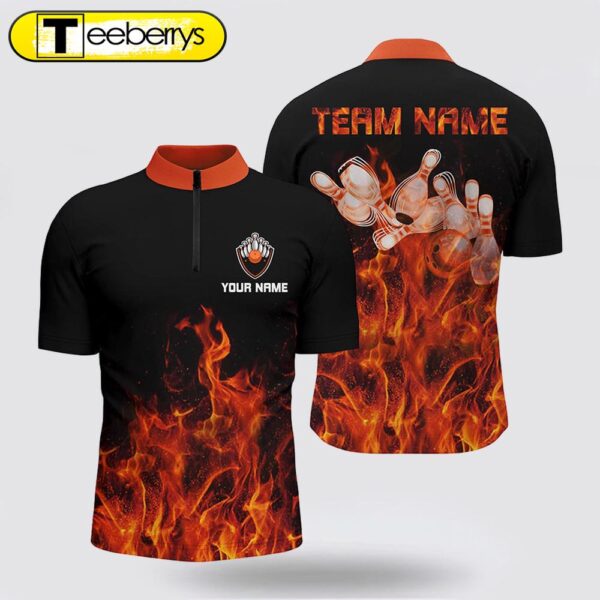 Personalized Men Bowling Jersey Shirt Orange Flame Bowling Ball & Pins Bowling Jerseys For Bowler