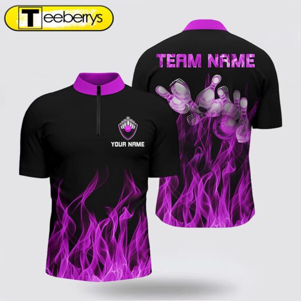 Personalized Men Bowling Jersey Shirt Purple Flame Bowling Ball & Pins Bowling Jerseys For Bowler