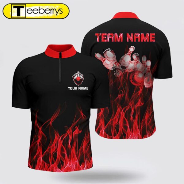 Personalized Men Bowling Jersey Shirt Red Flame Bowling Ball And Pins Bowling Jerseys For Bowler