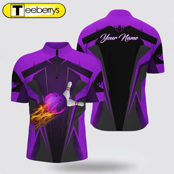 Personalized Mens Bowling Jersey Shirt Flame Bowling Ball Pins, Bowling Jerseys For Bowlers Purple