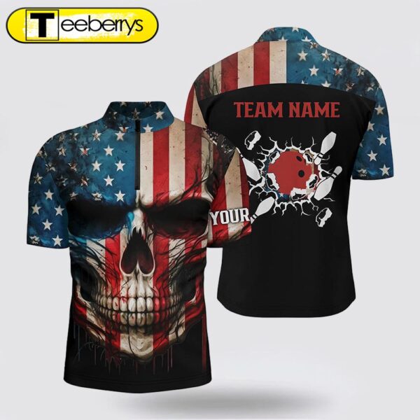 Personalized Skull Bowling Shirt  Custom Team Name American Flag Bowler Jersey Bowling Jersey