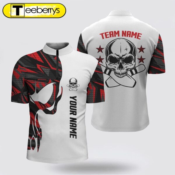 Red And White Bowling Bowling Jersey Shirts  Custom Name Skull Bowling, Men Bowling Team Shirts