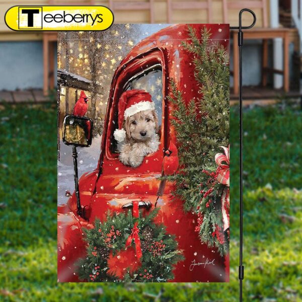 Red Truck Dog Plants Snowy Christmas Garden FlagXmas, Garden Flags, Outdoor Xmas Flags