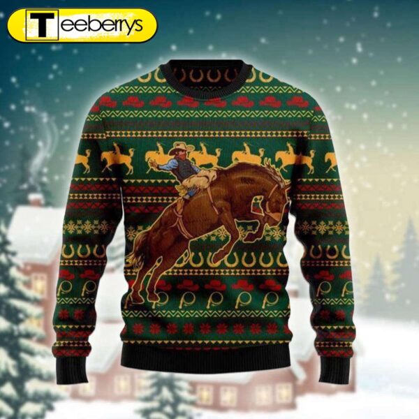 Ride into Style with Cowboy On Bucking Horse Ugly Sweater – Trendy Western Clothing