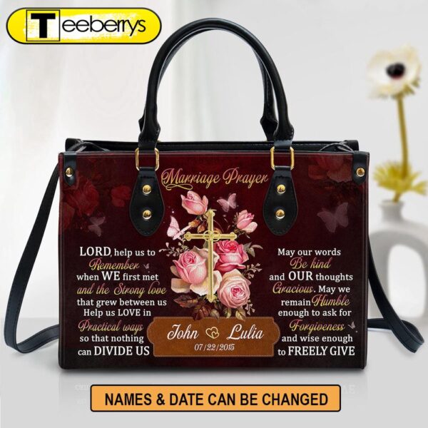 Roses And Cross Marriage Prayer Personalized Leather Handbag With Handle Christian Valentine