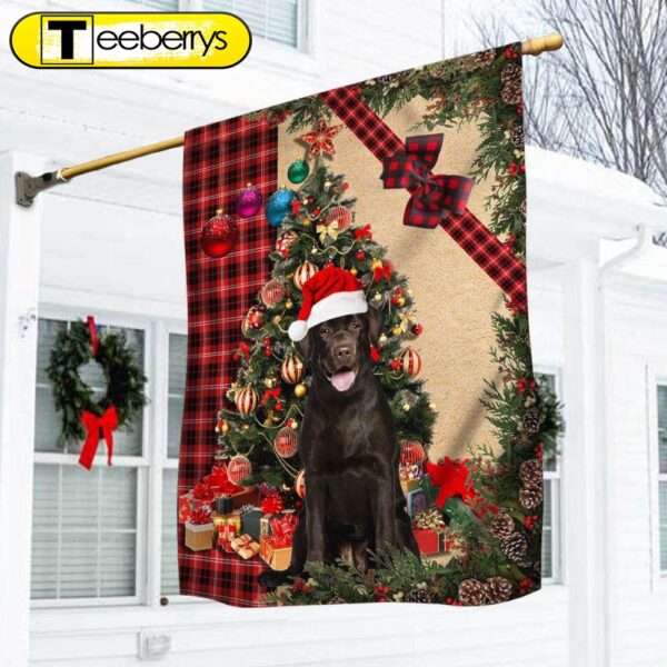 Santa Chocolate Labrador Flag Sitting In Front Of The Christmas Tree