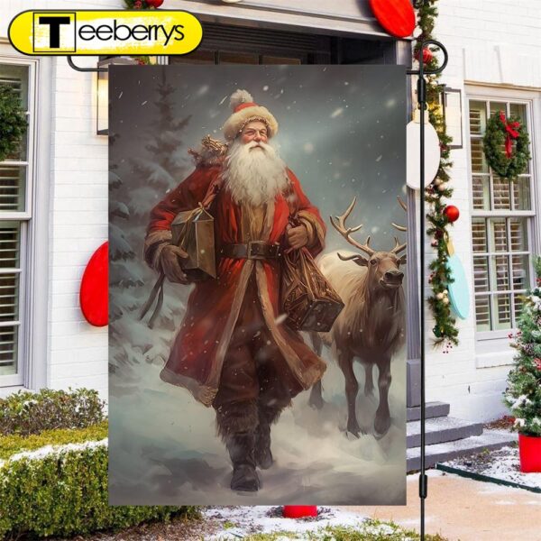 Santas Wintry Walk With The Majestic Reindeer Santa Claus Xmas Garden Flag