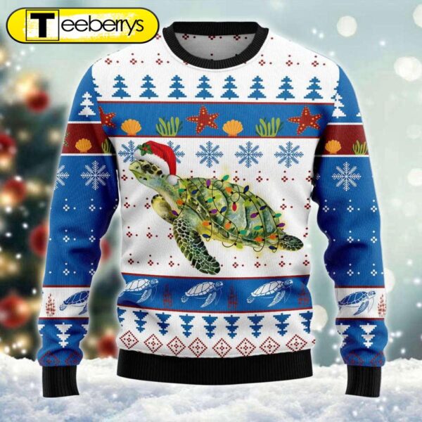 Sea Turtle Christmas Lights Funny Santa Hat Ugly Sweater