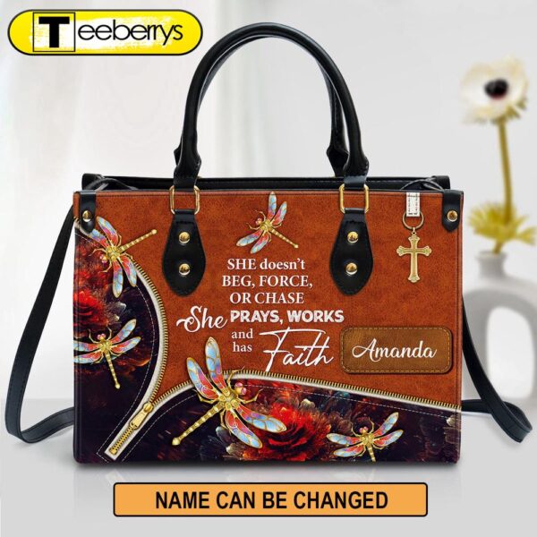 She Prays Works And Has Faith Personalized Dragonfly Leather Bag – Women Pu Leather Bag