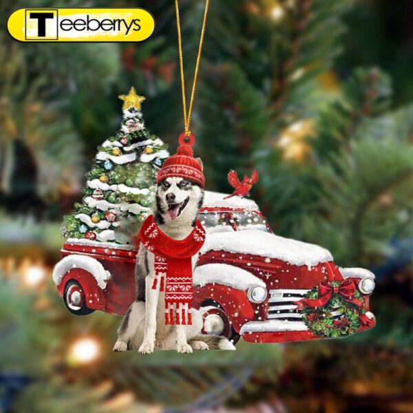 Siberian Husky Christmas Car Two Sided Christmas Ornament