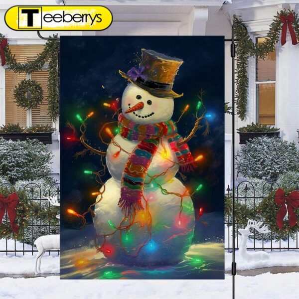 Snowman Surrounded By String Lights Christmas Garden Flag