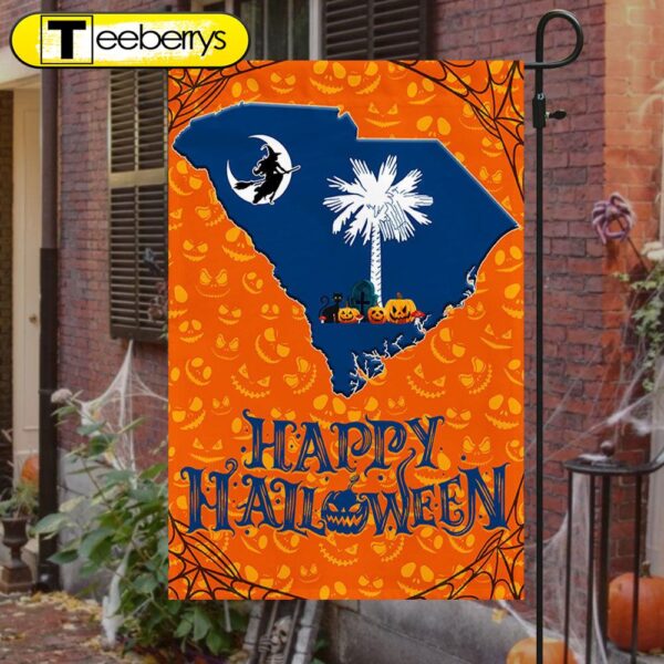 South Carolina with Palm Tree and Witch Flying Halloween Flag, Halloween Flag