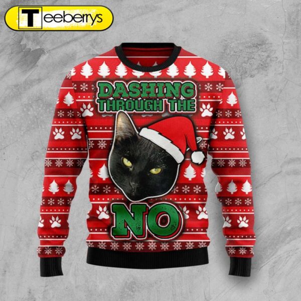 Stylish Black Cat Dashing Through No Christmas Sweater – Unique Holiday Fashion