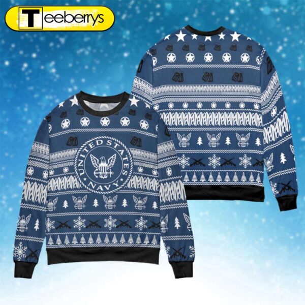 Stylish US Navy Blue Christmas Sweater Festive Holiday Apparel for Men & Women