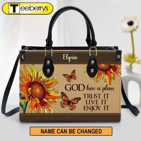 Sunflower And Butterfly God Has A Plan Trust It Live It Enjoy It Personalized Leather Handbag Christ