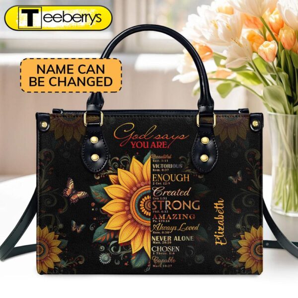 Sunflower God Says You Are  Personalized Leather Handbag With Zipper