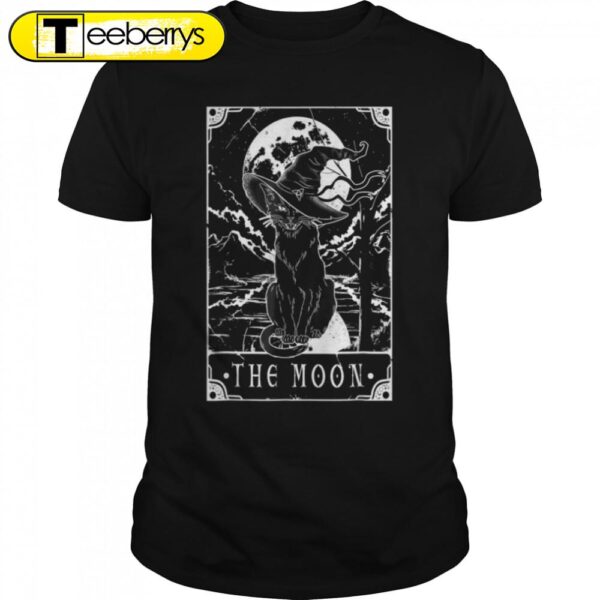 Tarot Card Crescent Moon And Black Cat Witch Hat Halloween T-Shirt