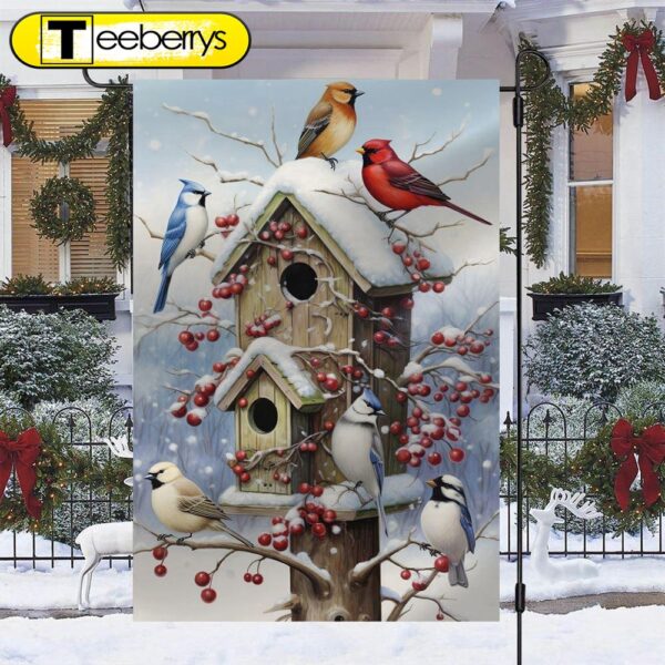 Winter Gathering At The Berry Laden Birdhouse Christmas Garden Flag