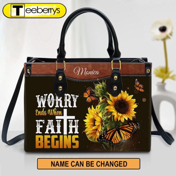 Worry Ends When Faith Begins Personalized Butterfly Leather Bag For Women